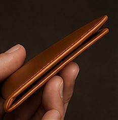 Carteira Slim Couro na cor caramelo, detalhe: outro